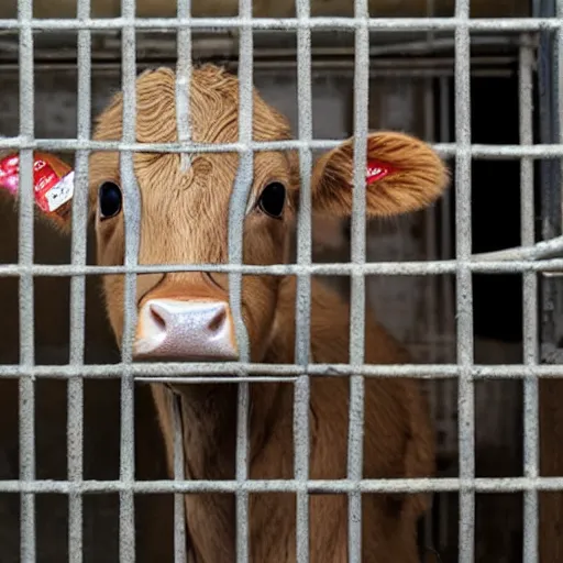 Image similar to calf inside a cage looking a bottle of milk