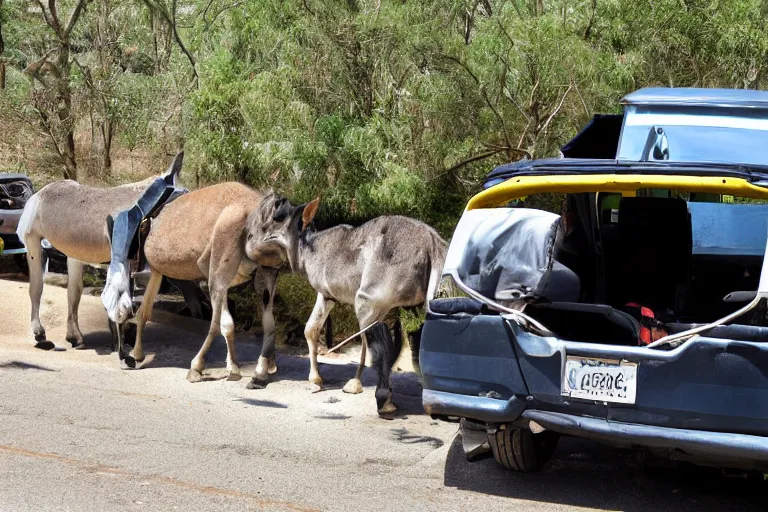 Prompt: automobile driver compartment towed by donkey, scavenger world, medium shot photograph