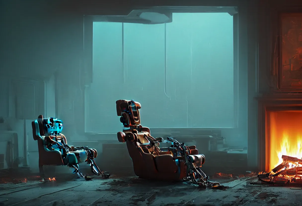 Prompt: A closeup portrait of a lone solitary cyan and brown decaying futuristic robot seated on a fainting couch facing a roaring fire in a huge fireplace in a dusty Victorian home, cold blue light from the window, with cinematic lighting and lens flare, tall ceiling, octane render, by Simon Stalenhag and Gregory Crewdson and Alfonso Cuaron, award-winning highly detailed 8k anamorphic closeup tight cinematic movie photograph