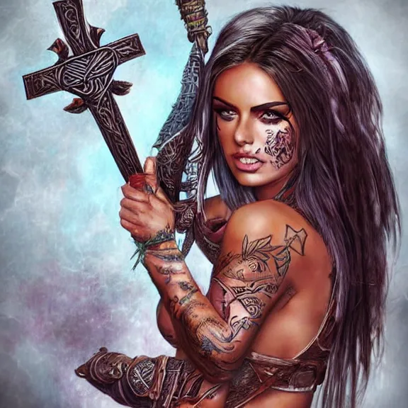 Image similar to Adriana Chechik as a female warrior, body covered in floral tattoos and wicca runes , D&D, fantasy, highly detailed, digital art, trending on artstation, smooth, sharp focus, illustration, art by artgem and Rober Hynes