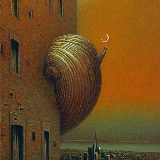Image similar to a giant snail stands over a city painting by beksinski, behsinski colors. masterpiece painting