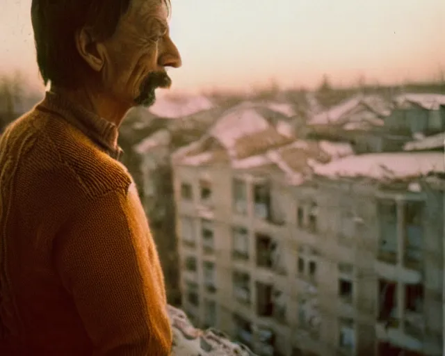 Image similar to lomographic tarkovsky film still of 4 0 years russian man with beard and sweater standing on small hrushevka 9 th floor balcony in taiga looking at sunset, perfect faces, cinestill, bokeh