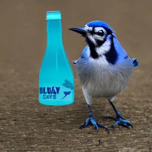 Image similar to bluejay standing next to a soda bottle