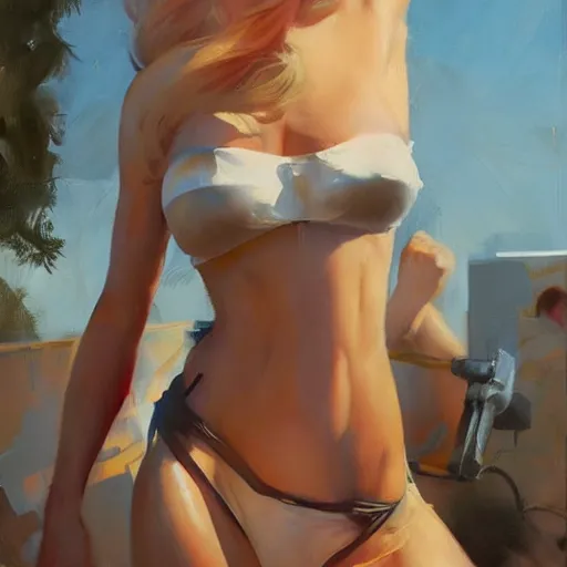 Image similar to greg manchess portrait painting of a 2 yorha type a no. 2 in a bikini, white long hair, organic painting, sunny day, matte painting, bold shapes, hard edges, street art, trending on artstation, by huang guangjian and gil elvgren and sachin teng
