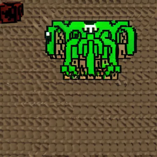 Image similar to Cthulhu appearing as a minecraft mob, in game screenshot