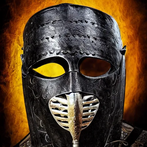 Image similar to an ancient warrior in black wearing a metal mask, digital art