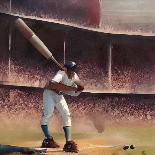 Image similar to baseball player hitting the ball with the baseball bat in the middle of the game and in front of everyone in the stadium, james gurney painting style, greg rutkowski, artstation