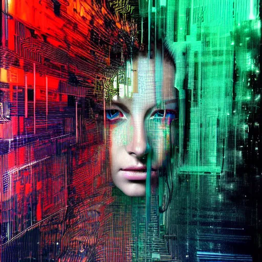 Prompt: hyperrealistic portrait of a mysterious cyberpunk woman with flowing hair, by Guy Denning, Johannes Itten, Russ Mills, beautiful, elusive, glitch art, hacking effects, glitch effects, digital tech effects, cybernetics, detailed lines, holographic, chromatic, color blocking, digital painting, octane, concept art, abstract, red face, 8k, trending on cgsociety, trending on artstation