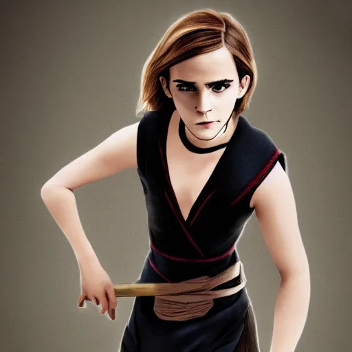 Prompt: an illustration of emma watson dressed like a japanese ninja