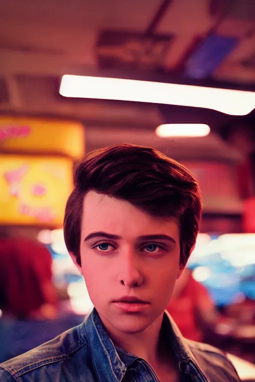 Image similar to an ultra high definition telephoto portrait cyberpunk 7 0 s diner film set photograph of a young man with short messy brown hair triangle head puffy cheeks narrow chin high cheek bones confused expression. wide angle close up. three point lighting. volumetric. refraction. imagined detail. soft focus ambient light sources. haze, light glare, art directed. filmic.