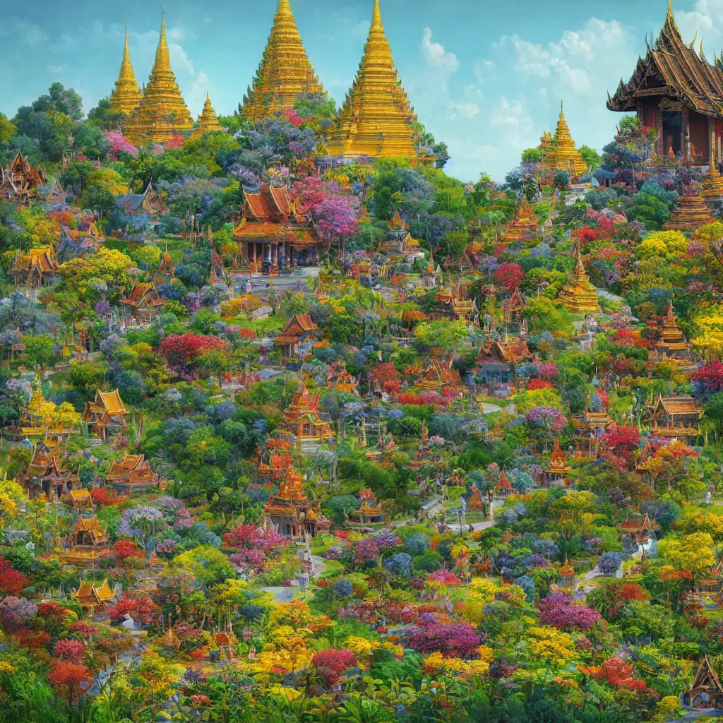 Image similar to summer morning, thai temple, rolling mountain, very coherent and colorful high contrast, art by gediminas pranckevicius, geof darrow, franz sedlacek, dark shadows, hard lighting, flowers garden