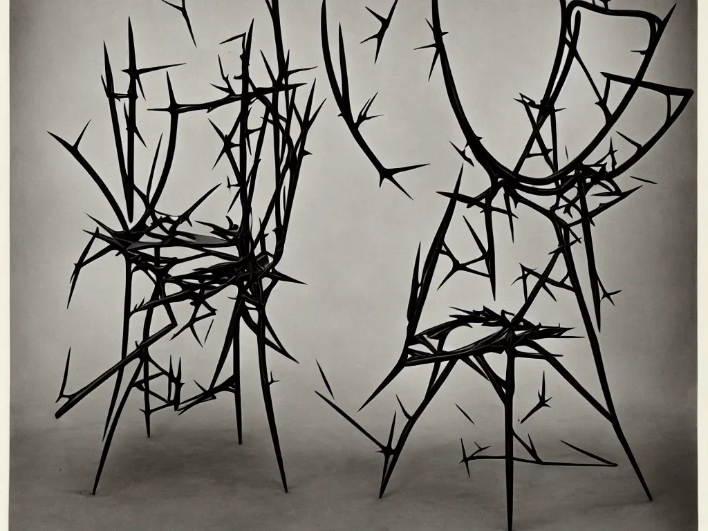 Image similar to humanoid gothic chair with thorns. karl blossfeldt, yves tanguy