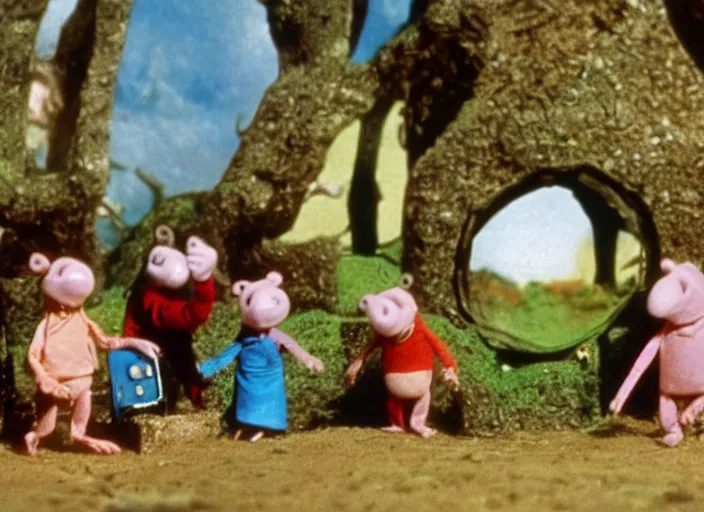 Image similar to a scene from a 1 9 8 0 s british kids tv programme by the bbc and oliver postgate, stop motion animation, the clangers, vhs distortion, folk horror