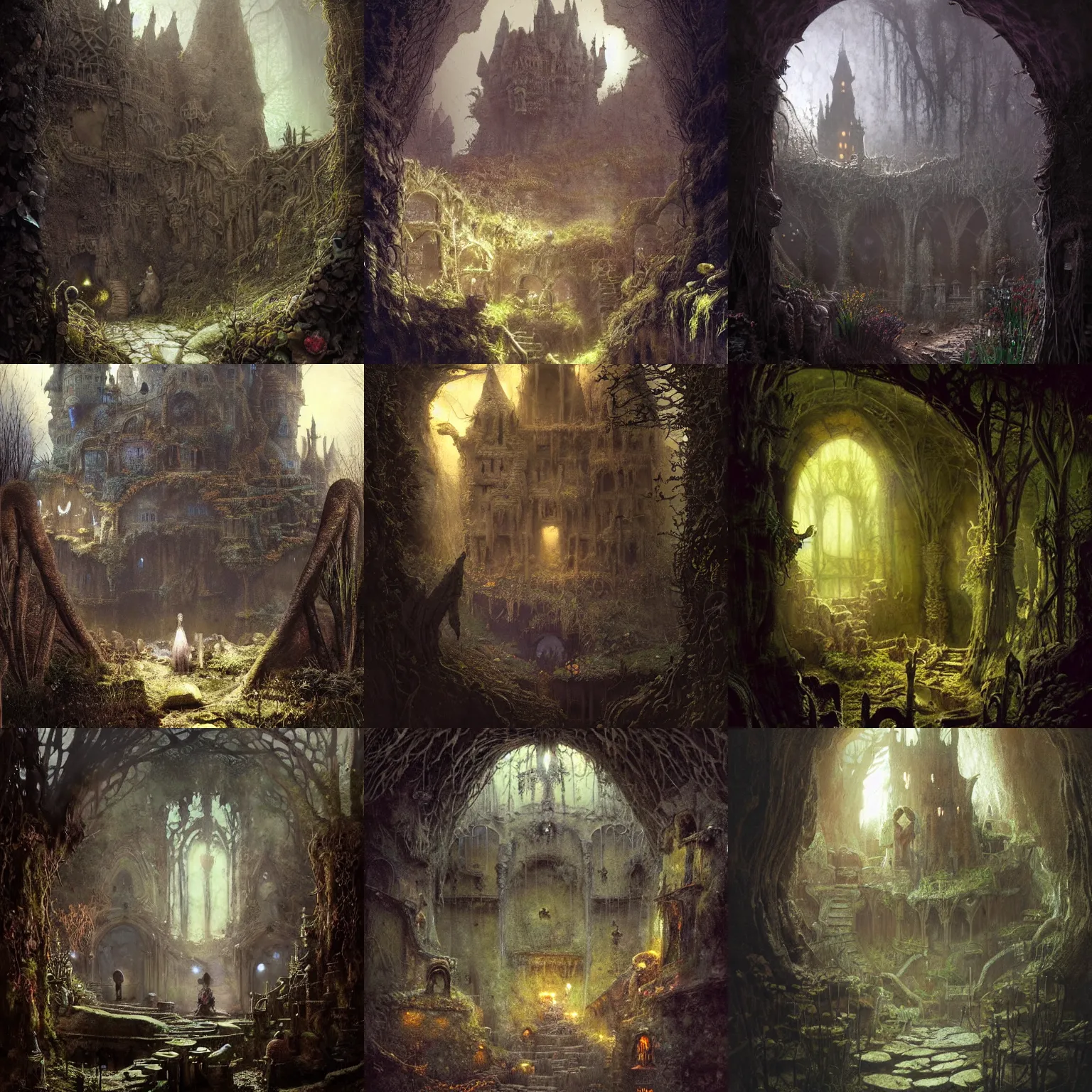 Prompt: a strange, dark, ancient, dirty, small, underground fairy castle ( made from mud, plants, arth and stones ). bloom light effect, shady, eerie, high contrasts, atmospheric, siluettes, low key lighting, illustration by greg rutkowski, john anster fitzgerald, rembrandt, alan lee and marc simonetti