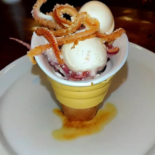 Prompt: ice cream sundae topped with raw calamari