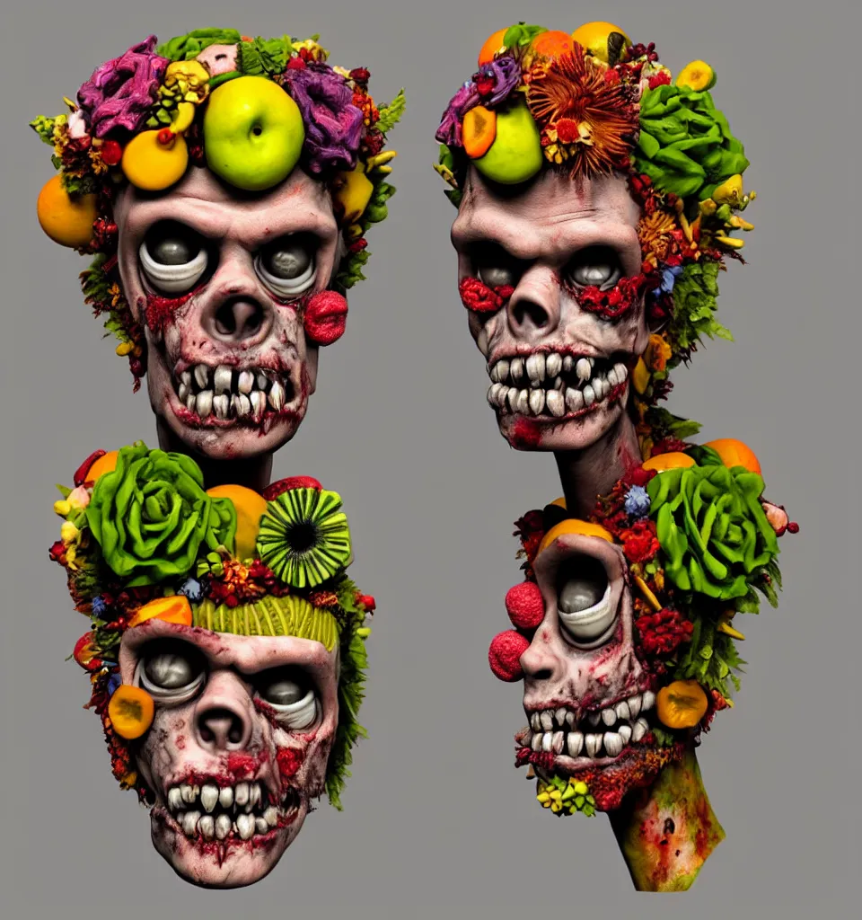 Prompt: portrait headshot of a zombie punk, head made of fruit and flowers in the style of arcimboldo, photorealistic, dynamic lighting, action figure, clay sculpture, claymation, soft multicolor background