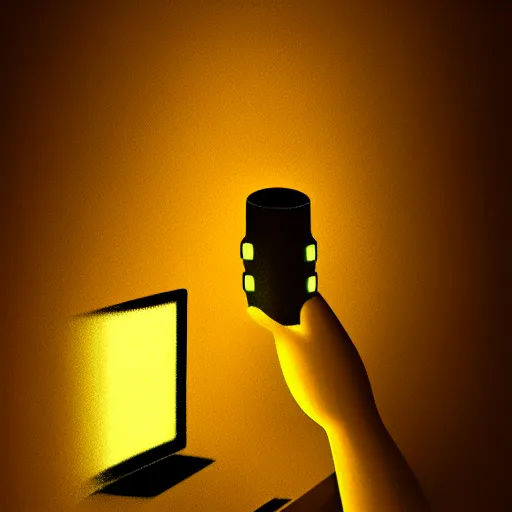 Image similar to Anthropomorphic corn cob using computer in a dark room, face illuminated, hyperrealistic, artstation, 8k, concept art, very detailed, hd, digital painting, shadows, dimly lit, dramatic lighting