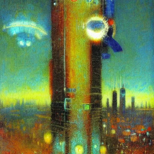 Image similar to cyborg flying on futuristic city by odilon redon