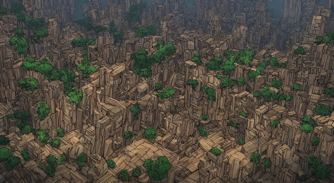 Prompt: wood fortress greeble block amazon jungle global illumination ray tracing that looks like it is from borderlands and by feng zhu and loish and laurie greasley, victo ngai, andreas rocha, john harris