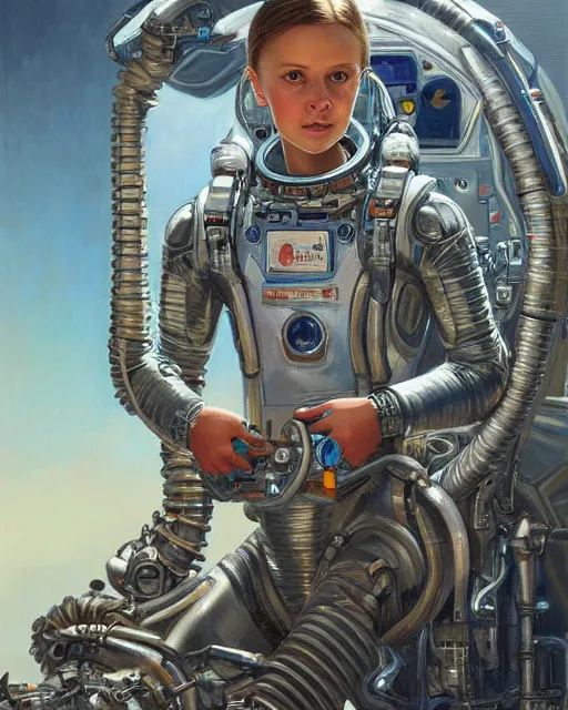 Prompt: a realistic oil painting of a girl resembling alicia vikander or millie bobby brown wearing a spacesuit in a futuristic mechanical spaceship engine, highly detailed, intricate, artstation, by donato giancola