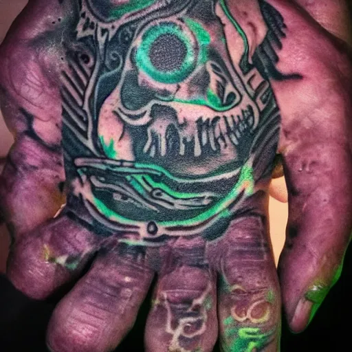 Image similar to the decaying open hand of power with phosphorescent skin and tattoos of glowing magick symbols