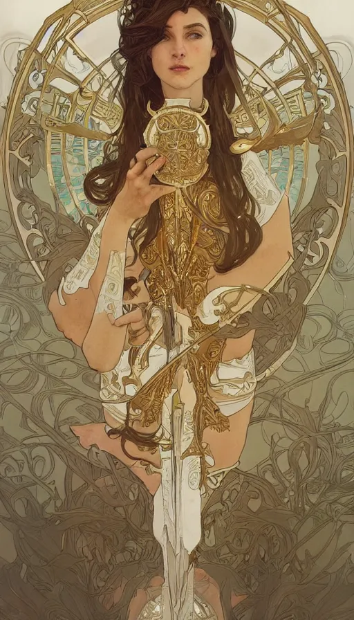 Image similar to soldiers in white armor, highly detailed, very intricate, art nouveau, gold filigree, left right symmetry, tarot concept art watercolor illustration by mandy jurgens and alphonse mucha and alena aenami, featured on artstation