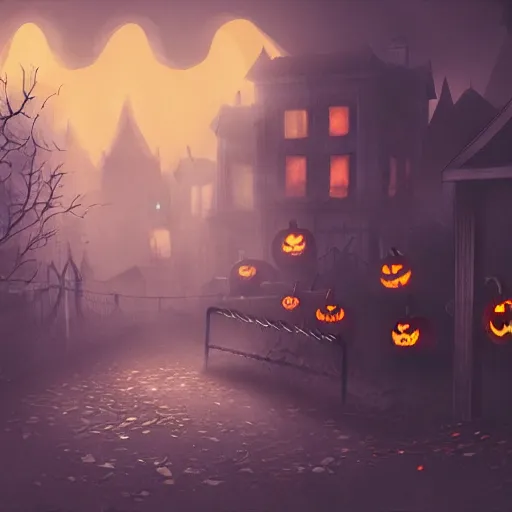 Image similar to a creepy and eery Halloween setting, with Jack o lanterns on the street and shadow figures lurking about, dynamic lighting, photorealistic fantasy concept art, stunning visuals, creative, cinematic, ultra detailed, trending on art station, spooky vibe