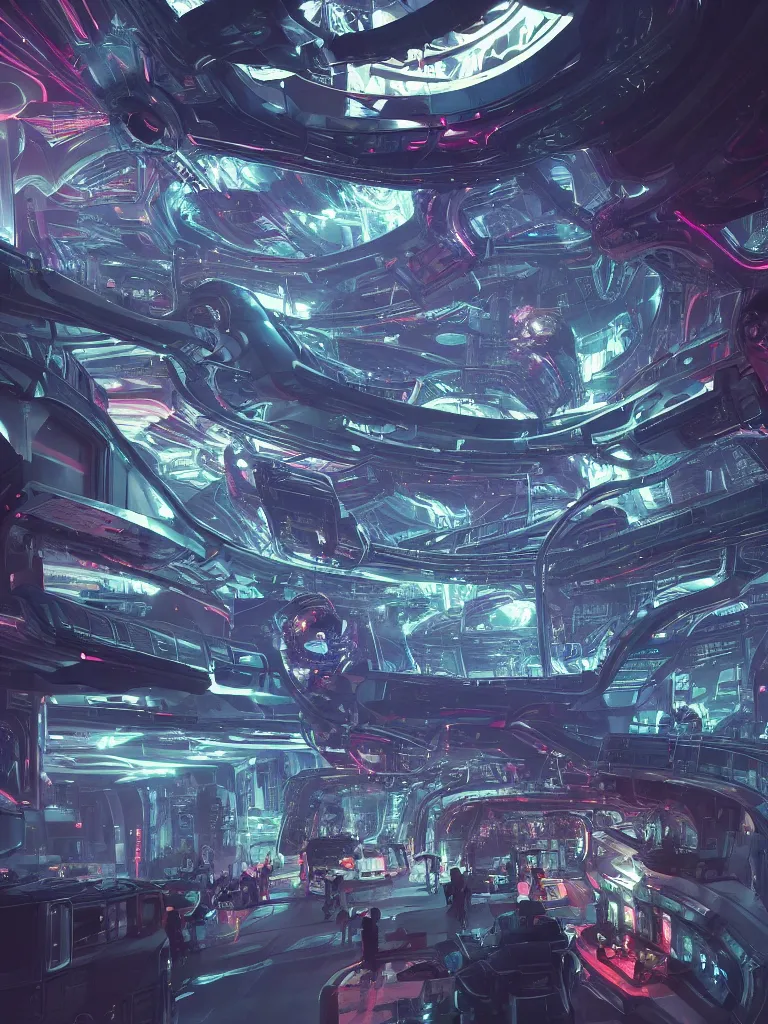 Prompt: futuristic gothic interior of a busy spaceport on an alien world, neon lighting and spotlights, intricate artwork by tooth wu and wlop and beeple. octane render, trending on artstation, greg rutkowski very coherent symmetrical artwork. cinematic, hyper realism, high detail, octane render