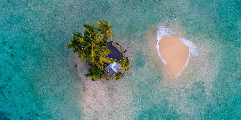 Image similar to aerial view of small house on a tiny island in the middle of the ocean!, peaceful waves, sandy beach surrounding the island, (((colorful clouds))), sunset, palm trees, digital art, artstation