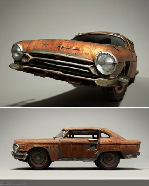 Image similar to a wooden sculpture of a vintage car from fallout 4, digital art by studio ghibli and greg rutkowski, beautiful, cute, hyperrealism artstyle, amazing lighting