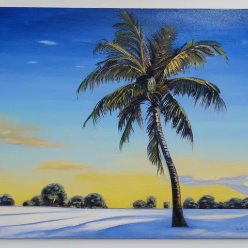 Prompt: winter landscape with large coconut trees, painting oil on board by olaf krans