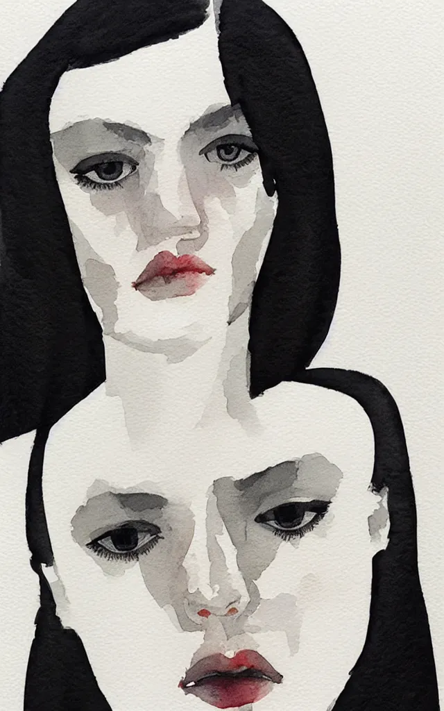 Prompt: one beautiful face woman, symmetrical, grey, colorless and silent, watercolor portraits by Luke Rueda Studios and David downton