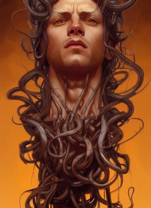 Prompt: male medusa, highly detailed, digital painting, artstation, concept art, smooth, sharp focus, illustration, art by artgerm and greg rutkowski and alphonse mucha