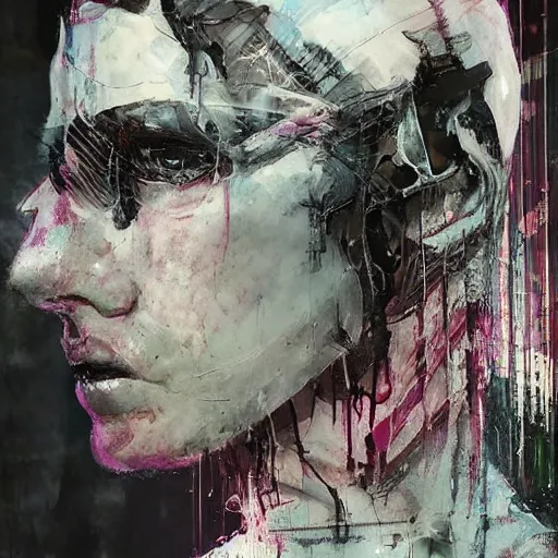 Prompt: a cyberpunk gothic noir detective, skulls, wires cybernetic implants, machine noir grimcore in cyberspace photoreal, atmospheric by jeremy mann francis bacon and agnes cecile, ink drips paint smears digital glitches