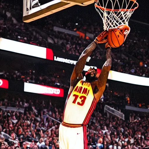 Image similar to a cheetah dunking on lebron james, high definition, very detailed, photorealistic, sports photography,