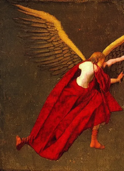 Image similar to Flying Fallen Angel with wings dressed in red, Medieval painting by Jan van Eyck, Johannes Vermeer, Florence