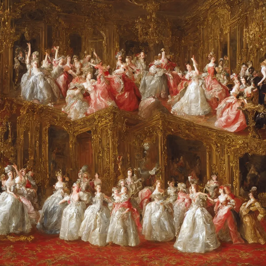 Image similar to the nobles danced in the splendid palace, palace dance, dress in the style of rococo, dreamy, romantic, night lighting, highly detailed, expressive impressionist style, 8 k