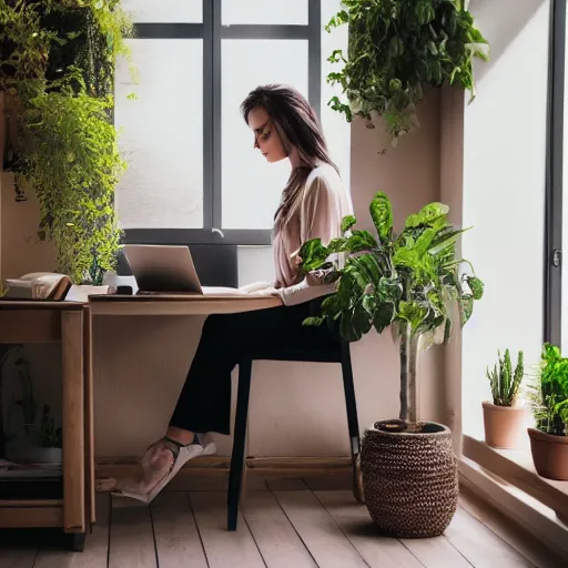 Prompt: peaceful dreamy painting of a young woman sitting at a desk with a black cat, sunshine coming through the window, small plants on the window sill, 4k resolution, highly detailed