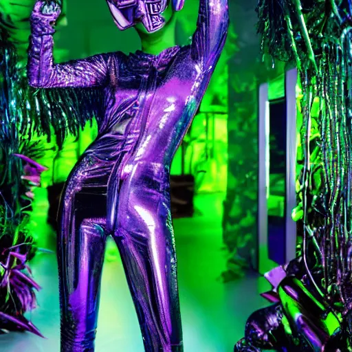 Image similar to hi - fructose mag photo, inside a futuristic detailed alien jungle made out of shiny reflective chrome, futuristic android with limbs made out of stretchy rubber tubing mixed with shiny colorful giant intricate detailed chrome gauntlets and chest piece and discoball mask, wearing a long purple velvet cape, fog and mist