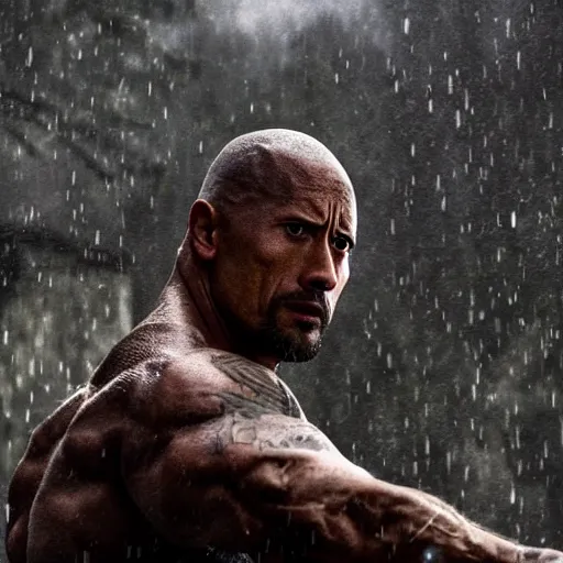 Image similar to Dwayne Johnson as samurai , under rain, dramatic, cinematic, an film still