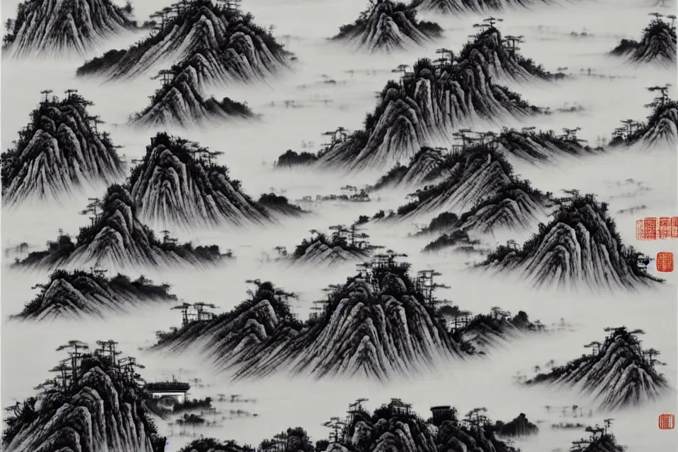 Prompt: in the beautiful landscape, there are evil monsters are stirring, traditional chinese ink painting.