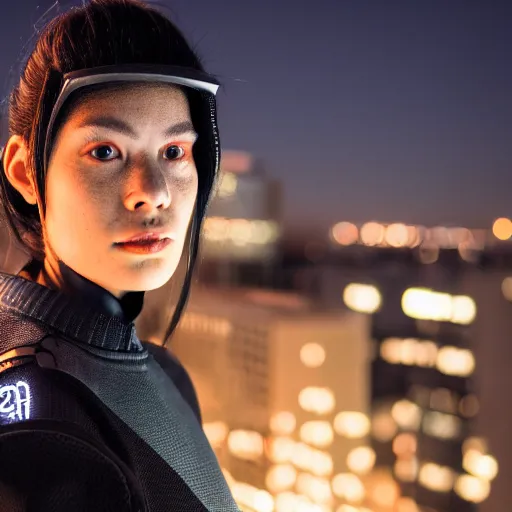 Prompt: photographic portrait of a techwear woman, closeup, on the rooftop of a futuristic city at night, sigma 85mm f/1.4, 4k, depth of field, high resolution, 4k, 8k, hd, full color