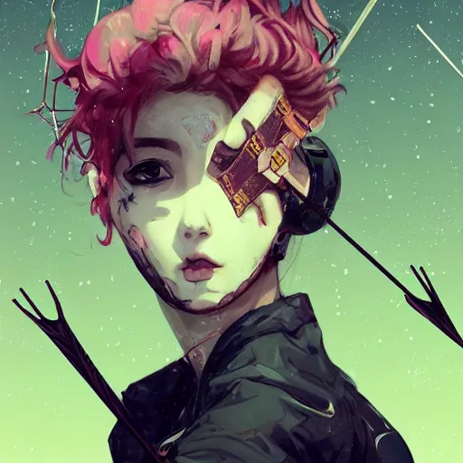 Prompt: close up, pose pointing with an arrow bow and screaming!!, a grungy cyberpunk anime, very cute, by super ss, curly pink hair, night sky by wlop, james jean, victo ngai, highly detailed