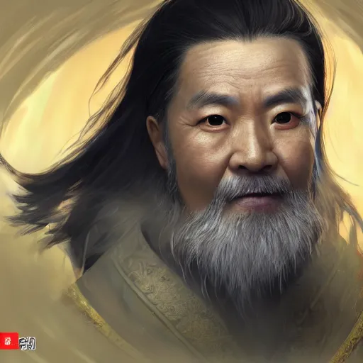 Prompt: portrait painting of a 6 0 year old kind handsome taoist priest, big eyes, deep silhouette ， silver ponytail hair, amiable by yangjun chen, huang guangjian, fenghua zhong, wenjun lin, nadar, bright colors, octopath traveler, unreal engine 5 highly rendered, global illumination, radiant light, detailed and intricate environment