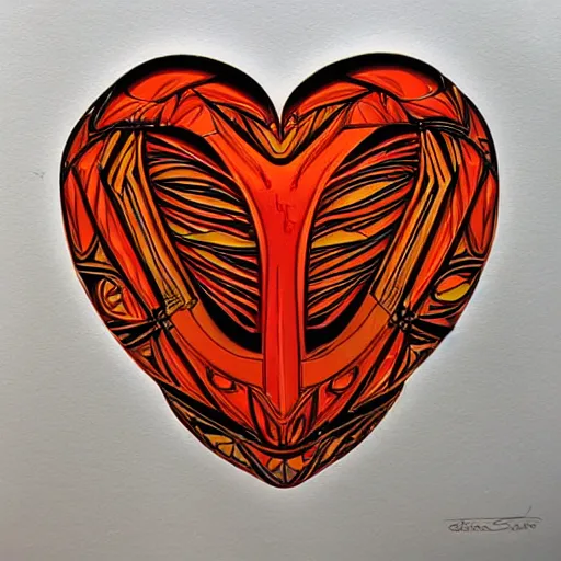 Image similar to a chrome carved heart, intricate artwork, red, orange, yellow colors, graphic style of Patrick Gleason very coherent symmetrical artwork,