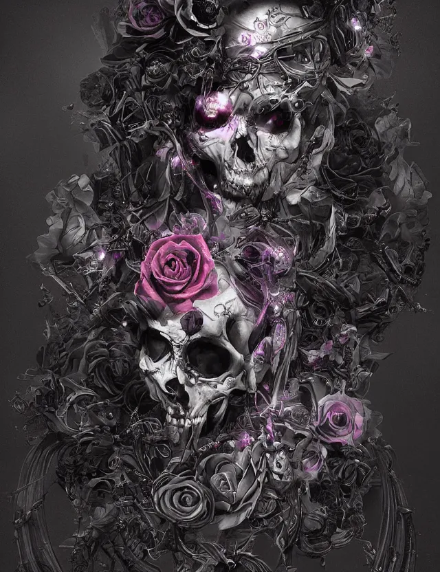 Image similar to a chaotic goddess of death skeleton as a heroine, intricate, elegant skull black rose s day of the dead atmospheric, dramatic, Trending on artstation. augmentations and cybernetic enhancements neon circuits, greg rutkowski , hyperrealist, cinema4D, 8k highly detailed