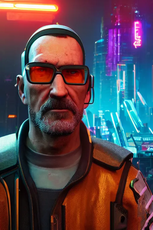 Prompt: gordon freeman in cyberpunk 2 0 7 7, medium shot, background is filled with neon lights and futuristic vehicles, trending on artstation, ultra realistic, 4 k