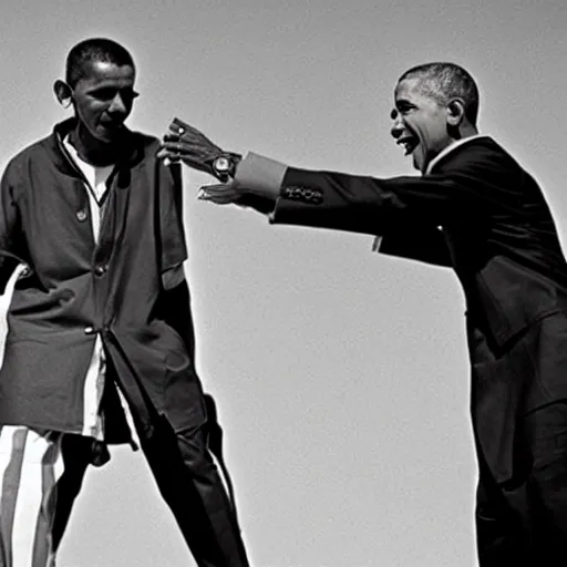 Image similar to Barack Obama having a rap battle against Ghandi, historical photo, 1962