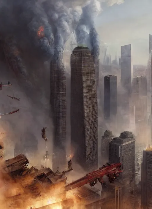 Image similar to hyper realistic 9 / 1 1 terrir attacks, atmospheric beautiful details, strong composition painted by kim jung giu weta studio rutkowski, james gurney and greg rutkowski, and lucasfilm