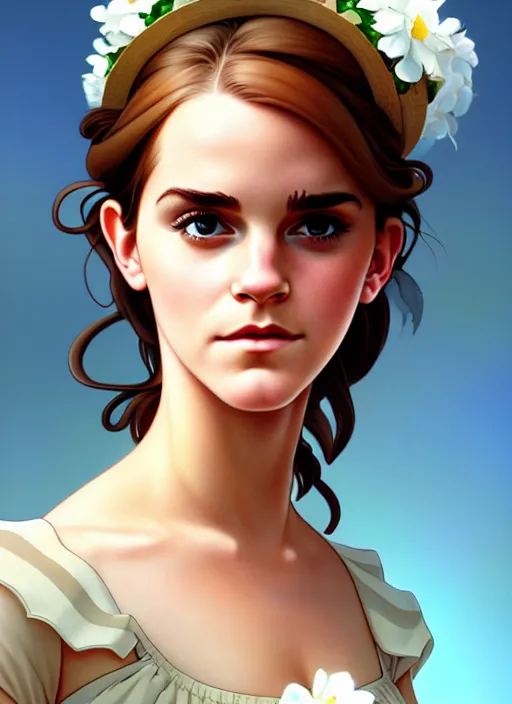 Image similar to cute buxom emma watson milkmaid, natural lighting, path traced, highly detailed, high quality, digital painting, by don bluth and ross tran and studio ghibli and alphonse mucha, artgerm